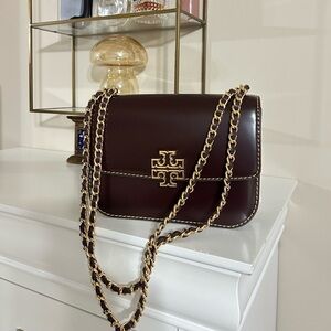 Tory Burch Dark Burgundy Crossbody Bag with Gold Chain
